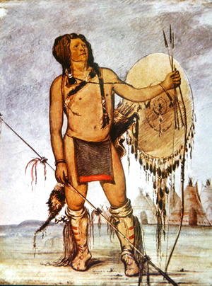 Comanche warrior with a shield, lance and bow and arrows, c.1835