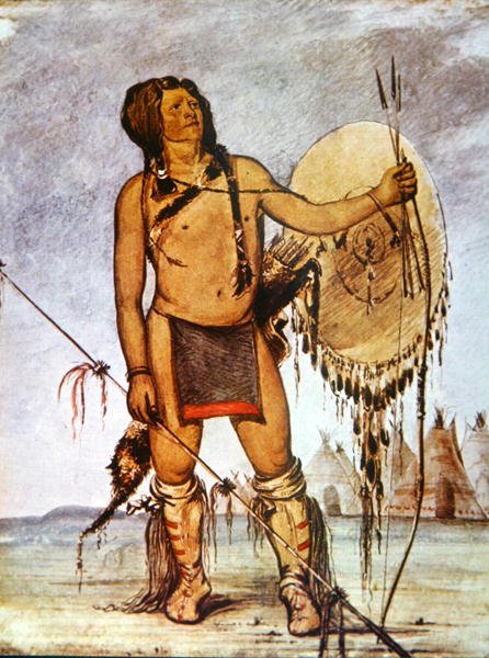 Comanche warrior with a shield, lance and bow and arrows, c.1835