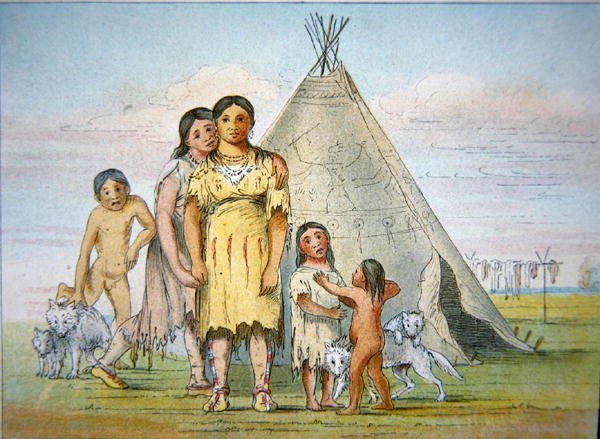 A Comanche family outside their teepee, 1841